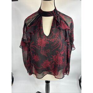 Express Women's Black Red Floral Sheer Ruffle Choker Top XS